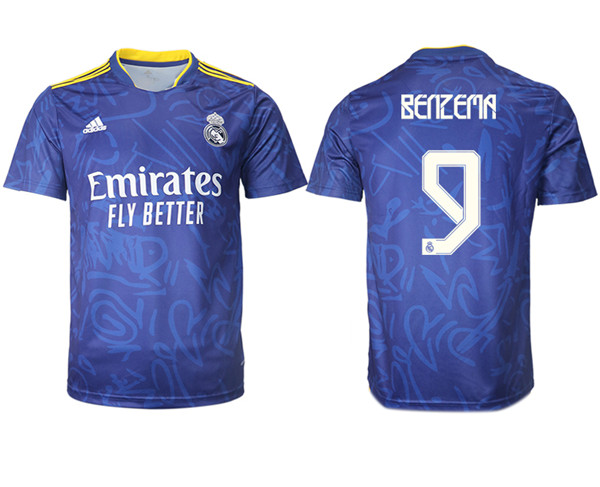Men's Real Madrid #9 Karim Benzema 2021/22 Blue Away Soccer Jersey